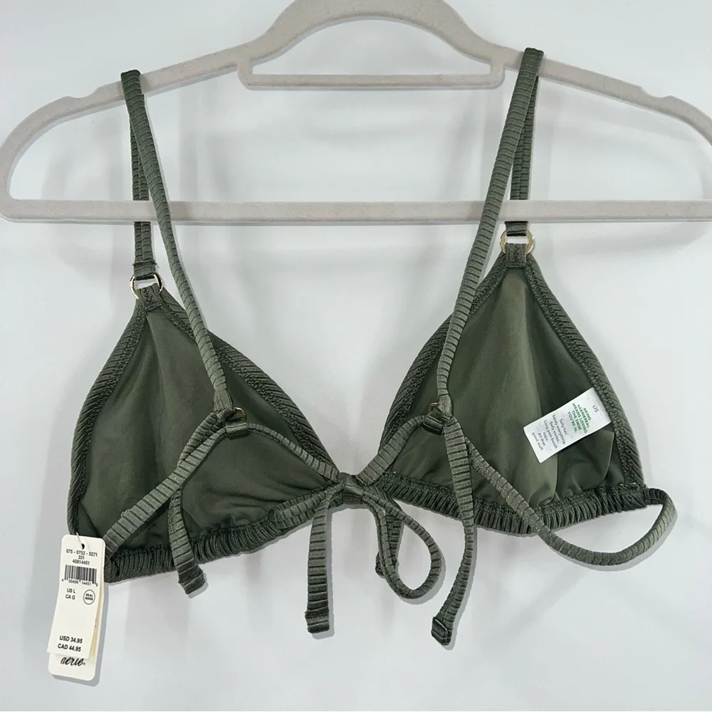 Aerie NWT Shine Rib String Triangle Bikini Top in Olive Fun size Large
